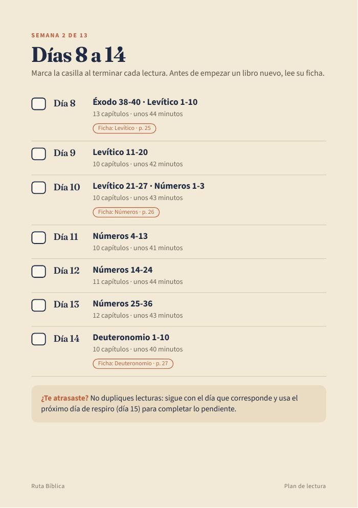 Página del plan de lectura: días 8 a 14, con capítulos, minutos estimados y casillas para marcar